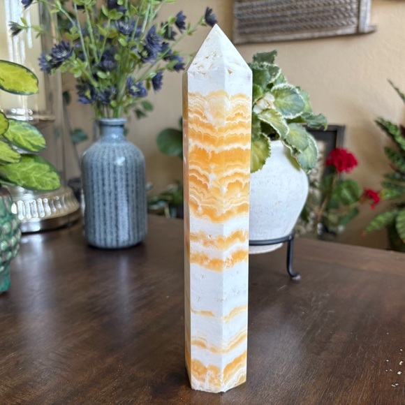 Imperfect - Large Yellow Banded Calcite Tower - 1.77 Pounds and 9.25 Inches Tall - Picture 5 of 13